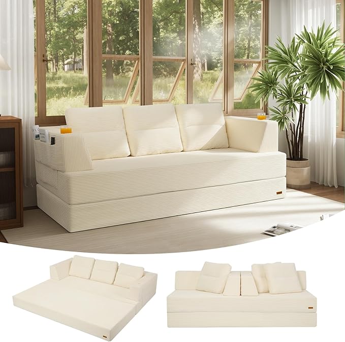 COMAX Futon Sofa Bed Queen 79 Convertible Sofa Bed Couches for Living Room 4 in 1 Folding Boneless Sleeper Corduroy Couch Loveseat Foam In a Box Comfy Foldable Lounge Fold Out Floor Mattress Beige