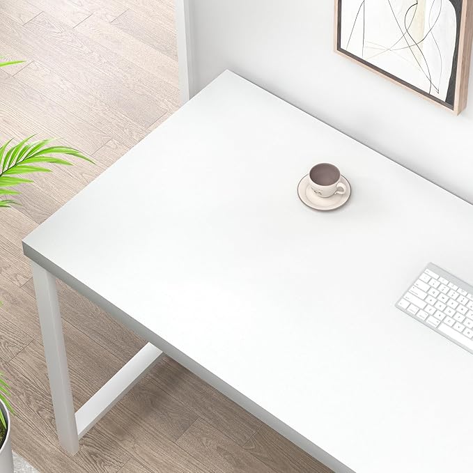 EXCEFUR White Computer Desk Modern Home Office Desk with Storage Shelf Wood and Metal Writing Study Table for Living Room Bedroom 53 Inch
