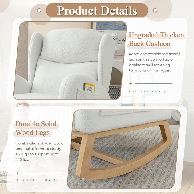 Rocking Glider Chair for Nursery Wingback Teddy Accent Rocker Chair Upholstered Tall Back Arm Chair w/Side Pockets Modern Leisure Single Sofa for Living Room Hotel Bedroom Baby Room Ivory