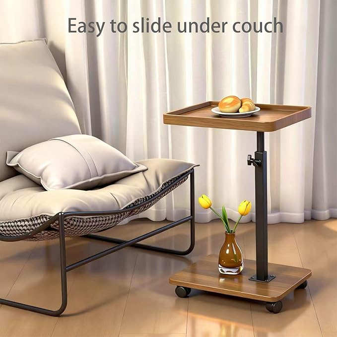 Adjustable Height Couch Tables That Slide Under Sofa 360° Swivel Modern Tv Tray Table with Wheel C Shaped End Table for Couch C Table for Small Place Perfect for Livingroom Bedroom