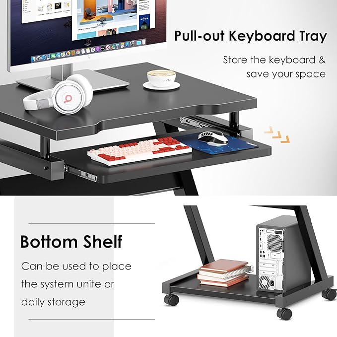 sogesfurniture Mobile Computer Desk Small Rolling Work Workstation for Home and Office with Printer Shelf Keyboard Drawers23.6 x 18.9 x 28.7 InchesBHUS-DX-8110-BB(Black)