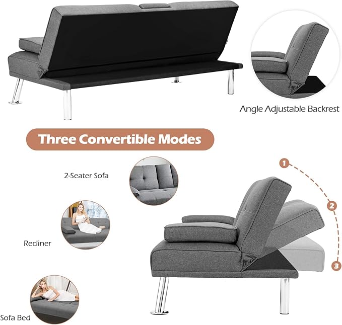 Giantex Modern Convertible Futon Sofa Bed Linen Upholstered Sofa Sleeper w/Metal Leg Removable Armrests 2 Cup Holders Backrest Adjustable Folding Sofa Bed for Apartment (Light Gray)