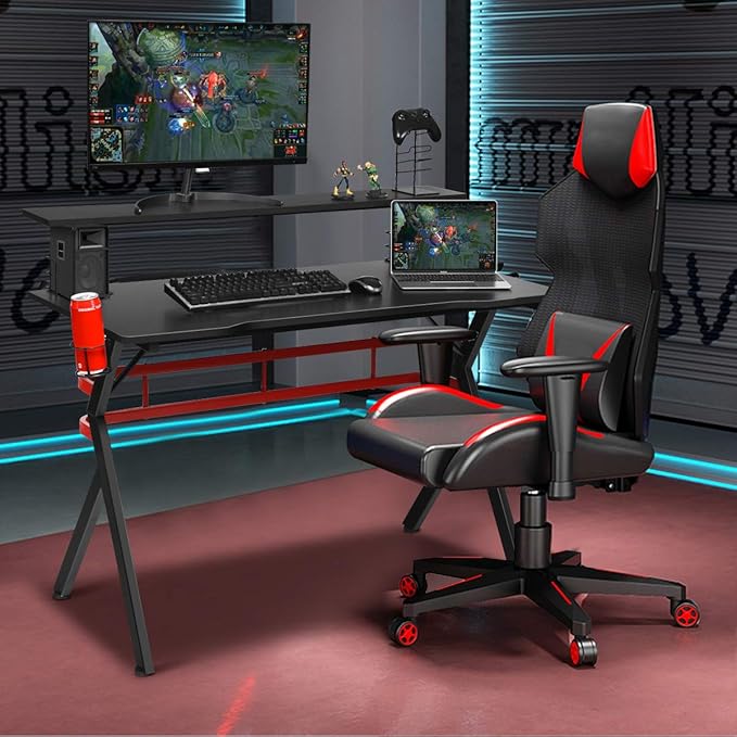Tangkula Gaming Desk Professional Gamer Workstation with Cup Holder Headphone Hook Handle Rack Ergonomic PC Gaming Table with Monitor Stand E Sports Computer Desk Table for Home Office (Black)