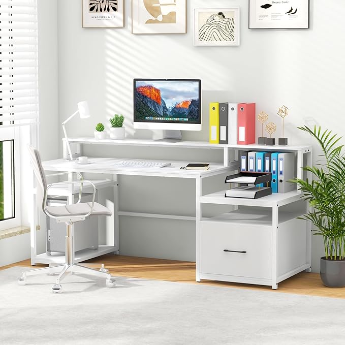COSTWAY 66-inch Computer Desk with Power Outlet Office Desk with Monitor Stand Printer Shelf File Drawer CPU Stand Modern Home Office Desk Computer Workstation White