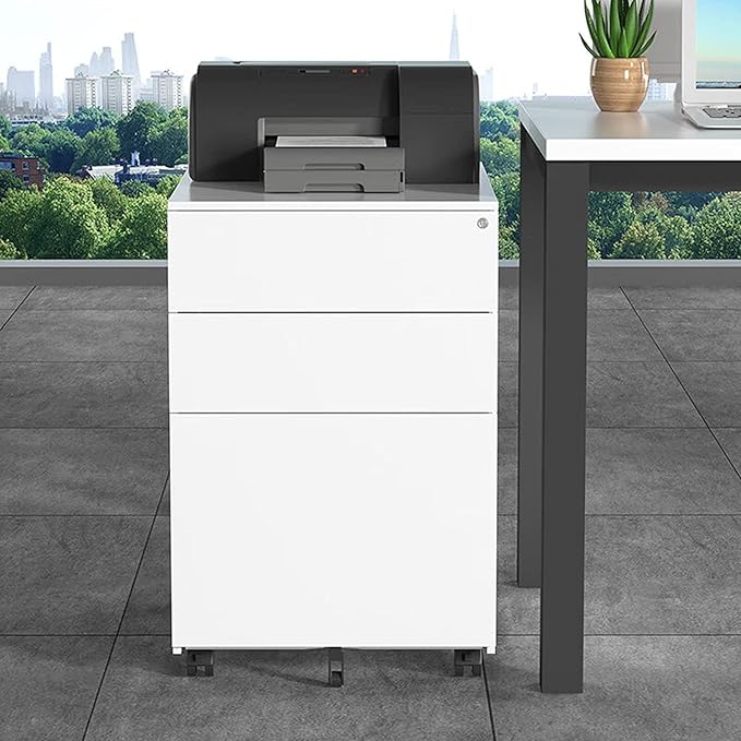 Filing Cabinet 3 Drawer Storage Cabinet Metal Mobile File Cabinet Under Desk with Wheels Printer Stand for Home Office