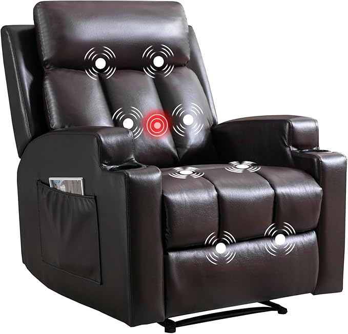 CANMOV Manual Recliner Chair with Massage and HeatBreathable Leather Recliner Chair with Armrest and Backrest Manual Reclining Single Sofa with 2 Cup Holders Side Pocket for Living RoomDark Brown