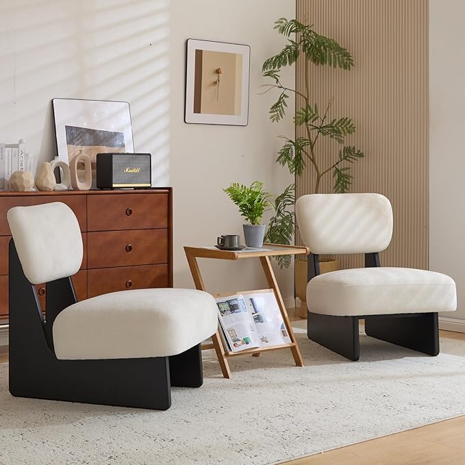 White Accent Chair Set of 2 for Small Spaces Armless Accent Chair for Bedroom Side Chairs &amp Comfy Chairs for Living Room Wood Base Comfy Cushion Bedroom Office (Black+White)