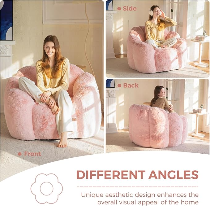 MAXYOYO Bean Bag Chair for Adults Floral Shaped Bean Bag Sofa Ultra Soft Faux Fur Floor Sofa Large Reading Chair for Living Room Bedroom Pink Single