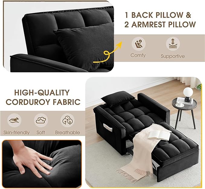 3 In 1 Velvet Convertible Sofa Bed Pull Out Couch Bed with Reclining Backrest And 2 Pillows 54 Full Size Loveseat Sleeper Sofa Futon Couch Bed Couches For Small Spaces Living Room (Black②)