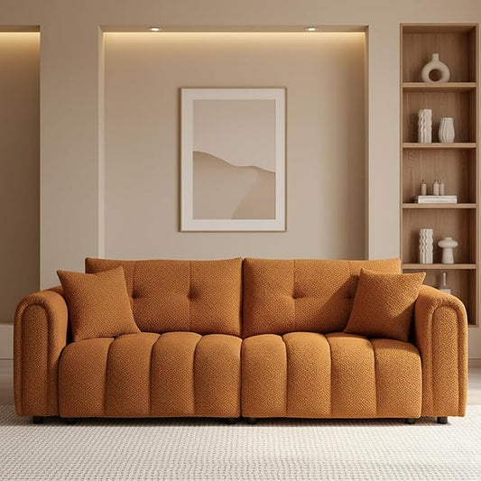 91.5 W Cloud Boucle Sofa for Living Room Modern Comfy Boucle Couch with Rolled Arms and Soft Pillows Teddy Oversized Loveseat for Apartment Studio Bedroom Orange