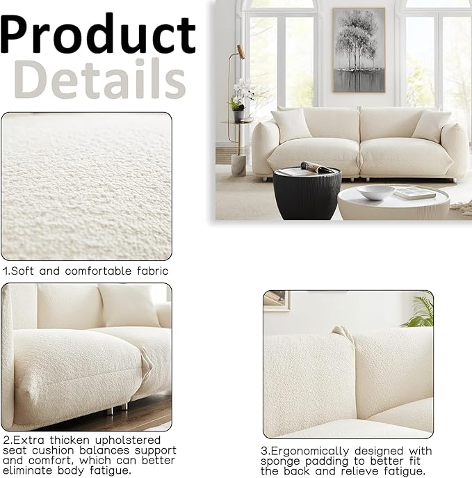 Hison Modern 86 Inch White Lambswool Sofa 3 Seater Upholstered Couch with Solid Wood Frame Deep Seat Comfortable &amp Sturdy