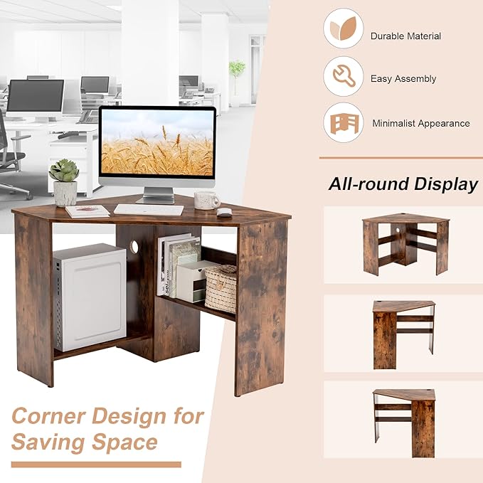 Tangkula Corner Desk 90 Degrees Triangle Computer Desk for Small Space Bedroom Makeup Vanity Desk with Storage Shelves &amp CPU Stand Space Saving