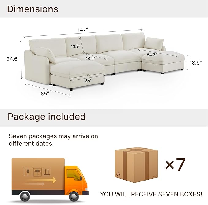 147 Cloud Sectional Couches for Living RoomU Shaped Oversized Modular Modern Linen Sofa with 2 Movable Ottoman6 Deep Seat with 2 Throw PillowsWarm White