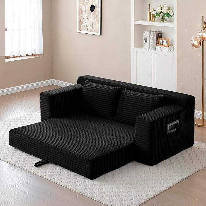 73 Memory Foam Cloud Loveseat Sofa 2 in 1 Convertible Folding Couch Bed Compressed Corduroy Floor Lounge Sofa No Assembly for Apartment Office Bedroom Living Room (Black)