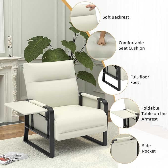 Faux Leather Accent Chair with Flip Up Tray Table Soft Backrest Side Pocket for Living Room Office Bedroom Leather Accent Chair Beige