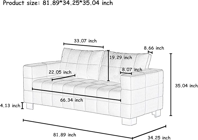 81.89 Sofa Comfy 3 Seat Sofa Tufted Chenille Upholstered Sofa Couch for Living Room with Gold Metal Legs and 2 Throw Pillows (Grey（3+3）)