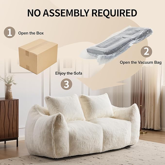 Loveseat Bean Bag Couch for Adults Soft Fluffy Giant Bean Bag Sofa Oversized Boneless Compressed Sofa Couch in a Box for Living Room Bedroom Apartment No Assembly (White)