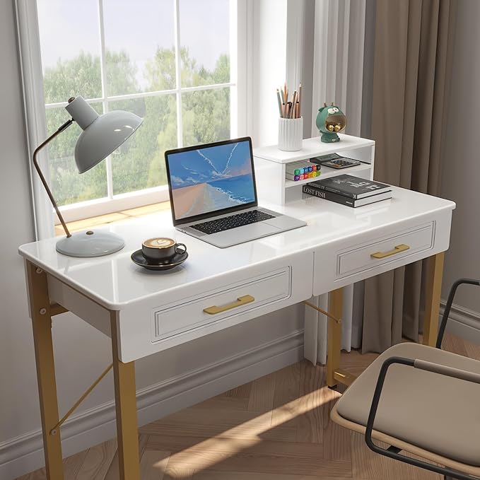 WESTREE 47.2 White and Gold Desk with 2 Drawers and Storage Shelf Modern Makeup Vanity with Glossy Desktop Gold Metal Frame Writing Desk for Bedroom or Home Office No Mirror