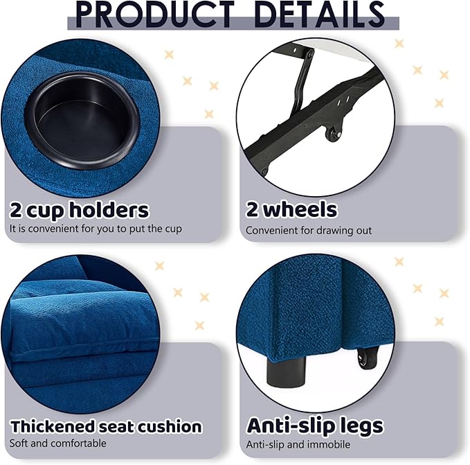 3 in1 Convertible Sleeper Sofa Chair Modern Pull Out Couch Bed Single Chair Bed with Adjustable Back Velvet Folding Compact Recliner for Living Room Bedroom Apartment Small Spaces (Blue)