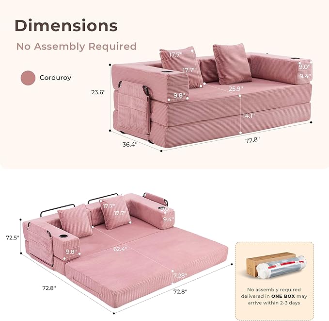WELAX 72.8 Convertible Sleeper Sofa Bed Boneless Cloud Queen Futon Couches with Cupholders &amp Storage Pockets Corduroy Folding Floor Couch for Bedroom Apartment No Assembly Pink