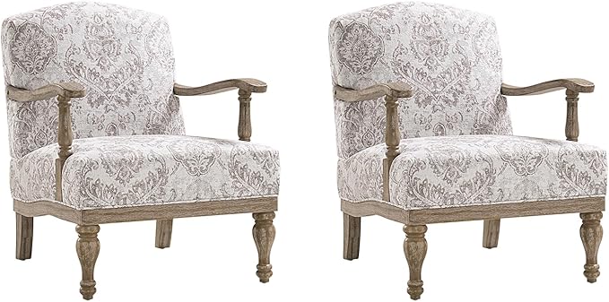 HULALA HOME Floral Accent Chair Set of 2 with Solid Wood Spindle Legs and Arms Upholstered Fabric Armchair with Solid Wood Base Patterned Wingback Chair for Farmhouse Living Room Bedroom Beige