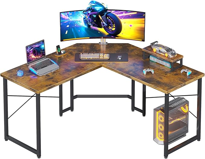 Casaottima 51 Inch L Shaped Gaming Desk Corner Table Sturdy Workstation for Home Office Writing Gaming Computer Desk for Small Space Easy Assembly Rustic Brown