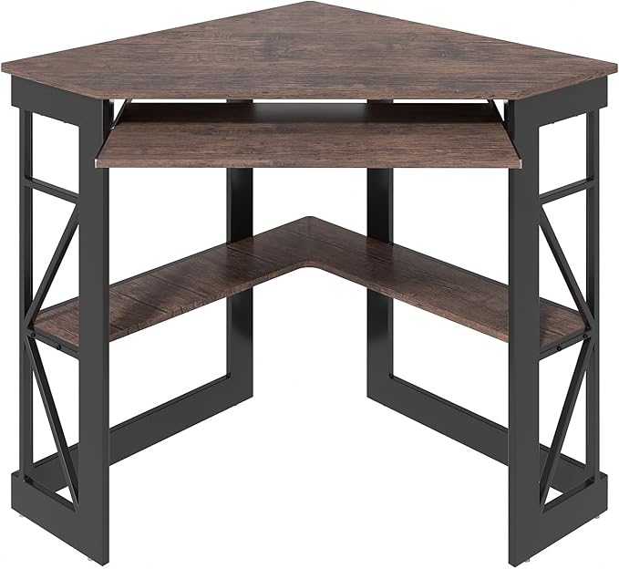 VECELO Corner Desk Computer Desk Writing Table with Smooth Keyboard Tray &amp Storage ShelvesCompact Home Office Triangle TableRustic Brown
