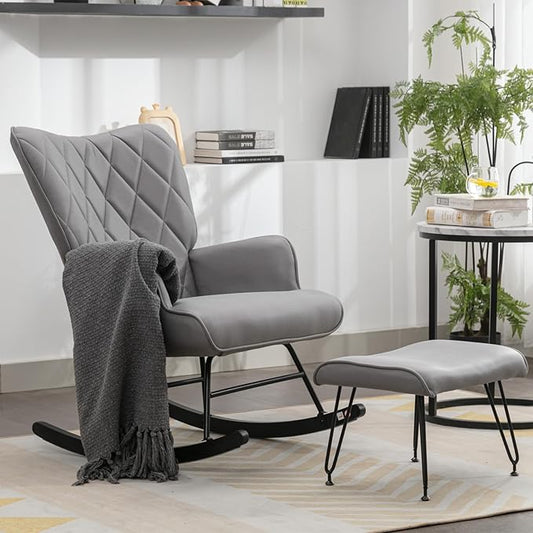Modern Upholstered Rocking Chair with Ottoman – High Back Glider for Nursery Living Room or Bedroom – Comfortable Armchair with Lumbar Support &amp Sturdy Wood Rockers (Grey Fabric)