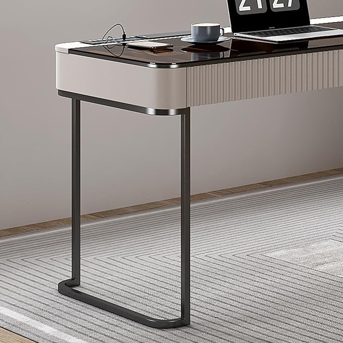 Lartis Office Desk Very Easy to Assemble Computer Desk Home Telescopic Writing Desk Modern Computer Desk with Retractable Cabinet Built-in LED Lights (Ivory 50 in)