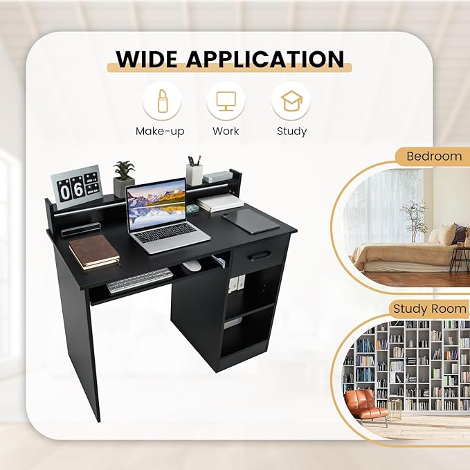 GOFLAME Computer Desk Home Office Desk with Large Drawers Hutch Keyboard Tray 5-Position Adjustable Open Shelves Easy Assembly Writing Desk for Bedroom Small Space Living Room Black