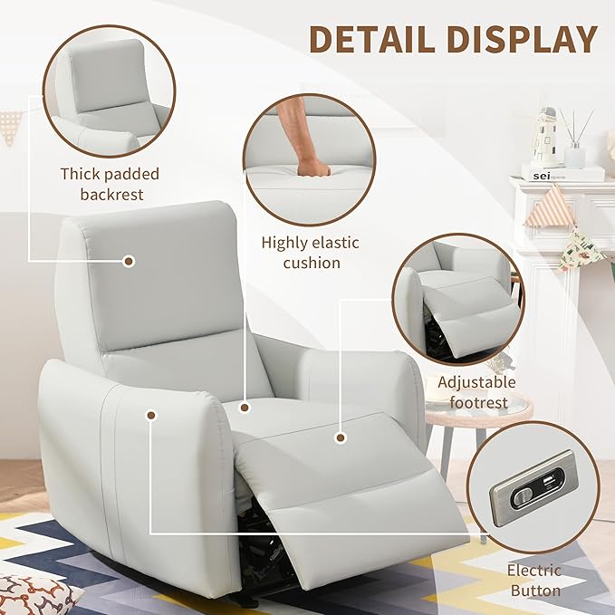 Wall Hugger Recliners for Small Spaces Zero Wall Power Recliner on ClearanceFaux Leather RV Recliner Leather Single SofaHome Theater Seating for Living Room w/USB Ports (Light-Gray)