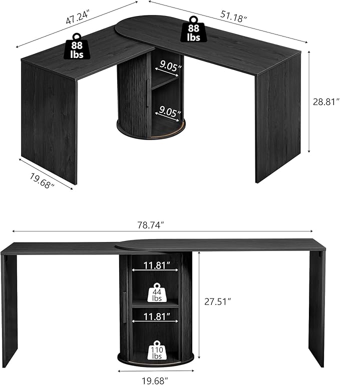 Home Office Desk L Shaped 51-Inch Small Space Modern Office Computer PC Desk with Storage File Cabinet and Reversible Tabletop Corner Work Table for ExecutiveStudyWriting - Black