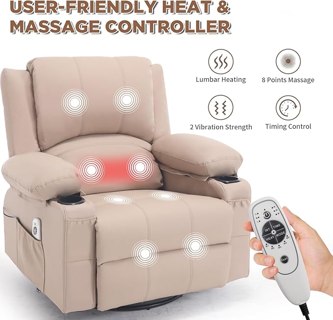 Faux Leather Swivel Rocker Recliner with Heat and Massage Cup Holders Overstuffed Rocking Glider Chair Heated Massaging Reclining Chair Beige