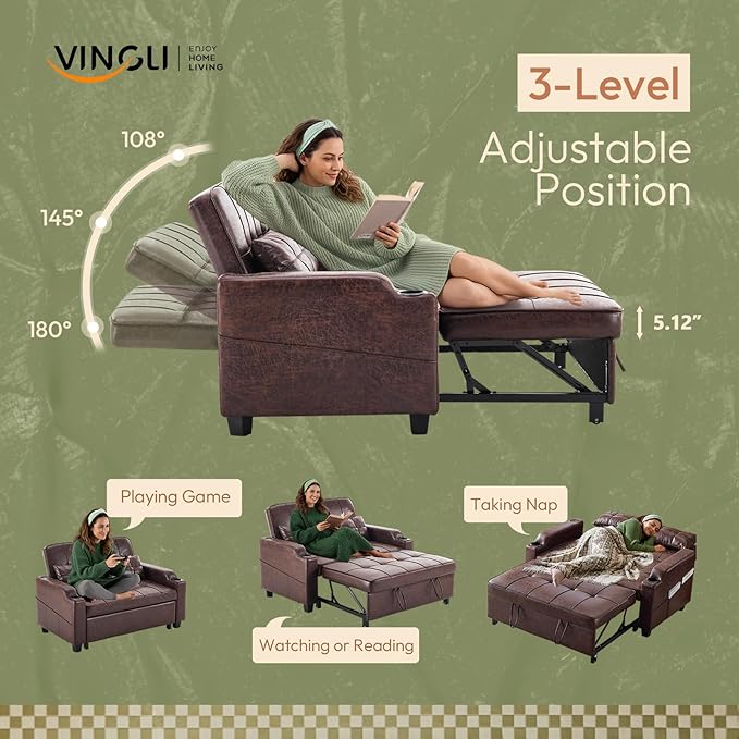 VINGLI Rustic Futon Sofa Bed Convertible Loveseat Sleeper Sofa Couch Pullout Sofa Fold Out Couch Bed with USB Ports Cup Holders Armrest for Living Room Bedroom Apartment Room | Loveseat Sleeper