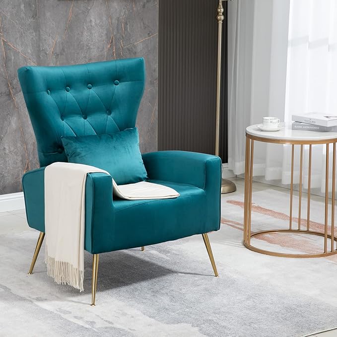 Button-Tufted Living Room Chairs Set of 2 WingBack Velvet Accent Chair Armchair with Lumbar Pillow Bedroom Chairs Vanity Chair Arm Chair with Golden Legs Teal