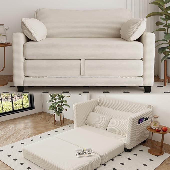 Convertible Sofa Bed Loveseat Sleeper Sofa with Side Storage &amp Solid Wood Frame Corduroy Small Couch Bed for Small Space Pull Out Floor Couch for Apartment Guest (Beige 51)