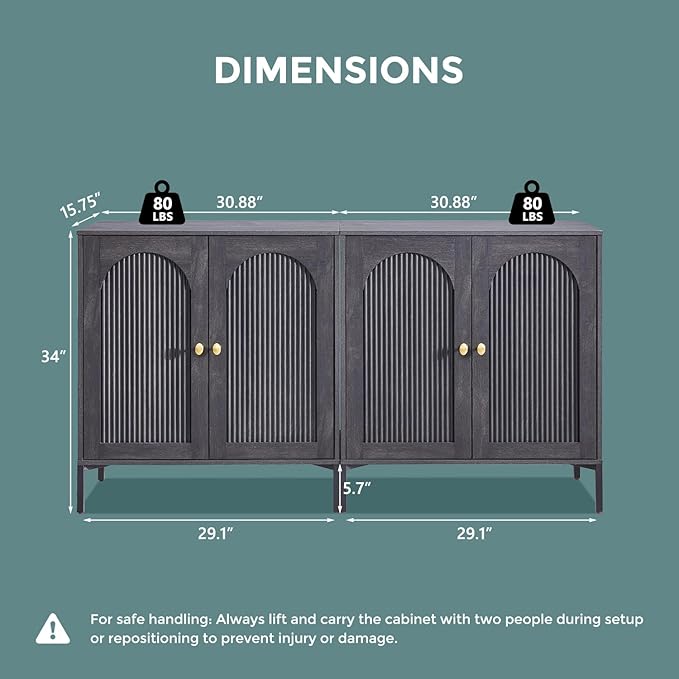 Modern TV Stands for 75 Inch TVs 61.75‬W Wood Entertainment Center w/Adjustable Shelves Mid Century Modern TV Stand w/Arched Fluted Doors Media Console Cabinet for Living Room Dark Grey