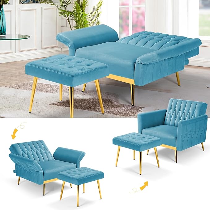 2 Pieces Velvet Sofa Set with Adjustable Armrest and Backrest 70” Convertible Futon Sofa Bed &amp Mordern Accent Chair with Ottoman for Living Room Bedroom Baby Blue
