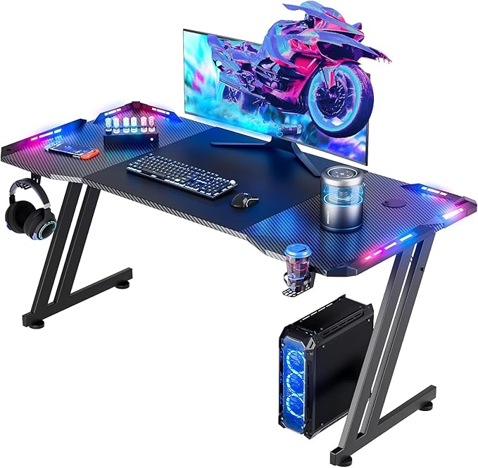 HLDIRECT 55 Inch Gaming Desk with LED Lights Carbon Fibre Surface Gaming Table Large Computer Desk Ergonomic Home Office Desks Z Shaped PC Gamer Workstations with Cup Holder &amp Headphone Hook Black