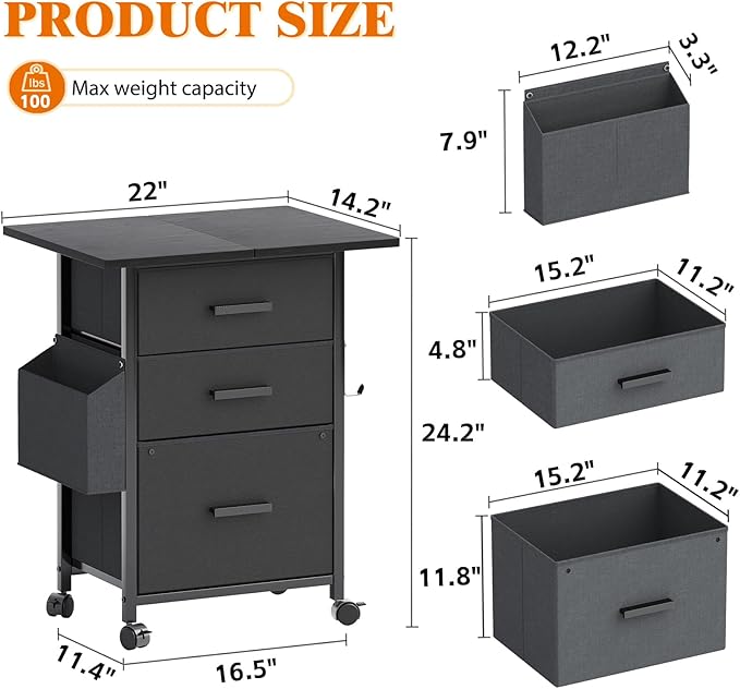 Mexin 3 Drawer File Cabinet with 24'' Extended Desktop Mobile Filing Cabinet Printer Stand Rolling Printer Stand with Side Bag Fabric Drawer Fits A4 Size Home Office Black