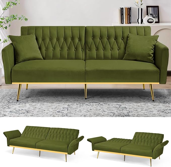 70 Velvet Futon with Adjustable Backrest and Armrests Sofa Bed with Extra Pillows for Waiting Room Living Room and Office Olive Green