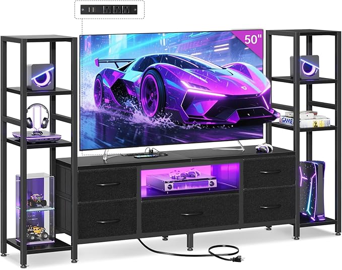 Casaottima TV Stand for 40/50/55 Inch TV Low-Profile Entertainment Center with LED Lights &amp Power Outlets TV Stand with Drawers &amp Open Shelves for Storage for Small Spaces/Living Room/Gaming