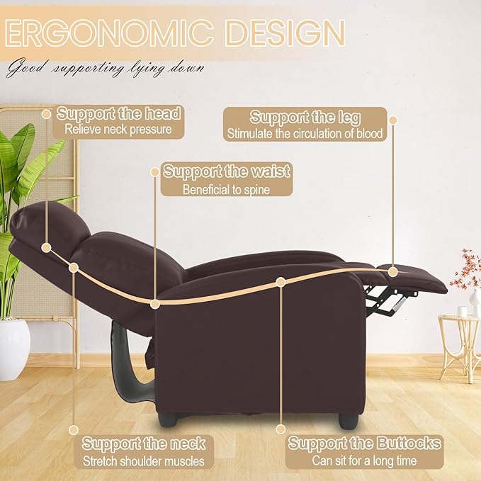 Recliner Chair Breathable Padded PU Leather Massage Single Sofa Recliners for Small Recliner Chair with Footrest Home Theater Seating for Bedroom Living RoomBrown