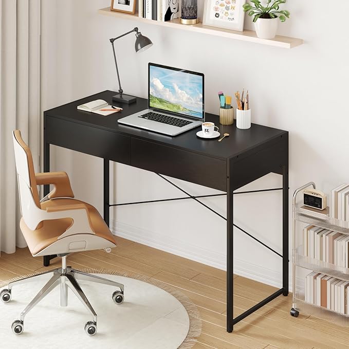 Giantex Computer Desk with 2 Drawers 44 Inch Home Office Desk with Anti-Toppling Device &amp Metal Frame Compact Laptop PC Table Makeup Vanity Table Modern Study Writing Desk for Small Spaces (Bl