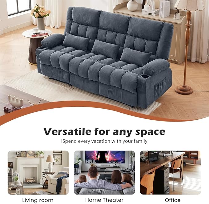 Recliner Sofa with Cup Holders for Living Room 3 Seat Manual Oversized Recliner Chiar with Ergonomic Side Pocket for Adult