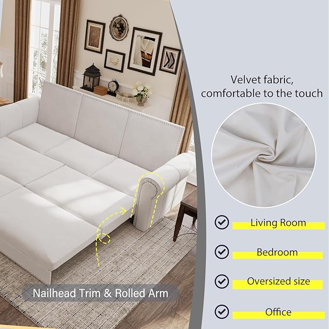 93.7 King Pull Out Sofa Bed Velvet Convertible Sleeper Couch with Nailhead Trim Oversized Mid Century Modern Chesterfield Sofa Sleeper Sectional Couch for Living Room Beige