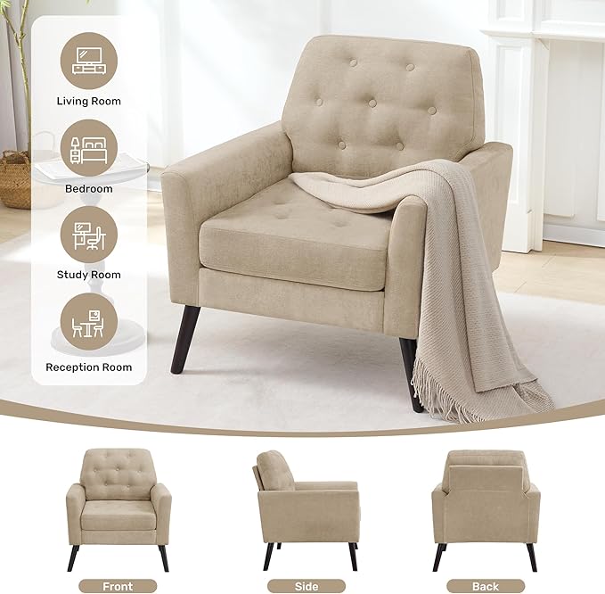 Accent Chair for Living Room Mid Century Modern Reading Chair Upholstered Armchair with Tufted Back &amp Wood Legs Single Sofa Side Chair for Bedroom Small Room Office Apartment Light Brown