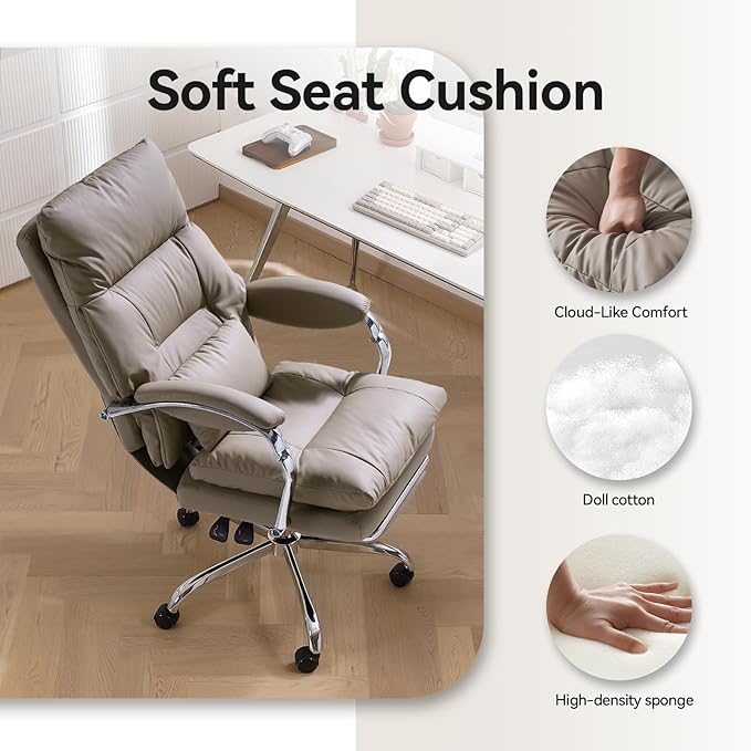 LEAGOO Office Chair with Foot Rest Executive Reclining Office Chairs with Arms Ergonomic High Back PU Leather Comfy Swivel Computer Desk Chairs with Wheels and Lumbar Support for Home Office Tan