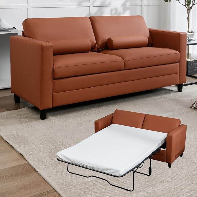 Full Size Pull Out Sofa Bed 2 in 1 Sleeper Sofa with Memory Foam Fold Out Mattress Modern Convertible Couch Bed with Faux Leather for Living Room Guestroom Apartment (Cognac Hue)