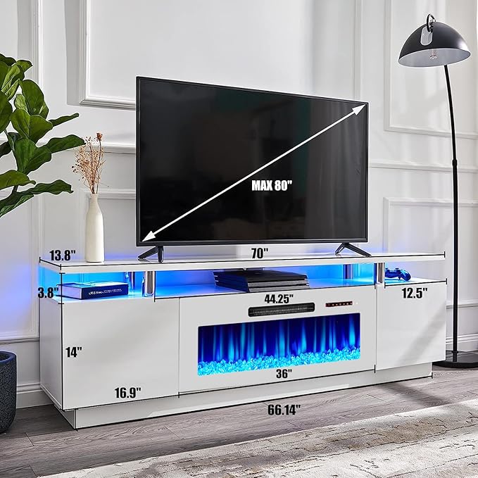AMERLIFE Fireplace TV Stand with 36 Fireplace 70 Modern Fireplace Entertainment Center LED Lights 2 Tier TV Console Cabinet for TVs Up to 80 White &amp White